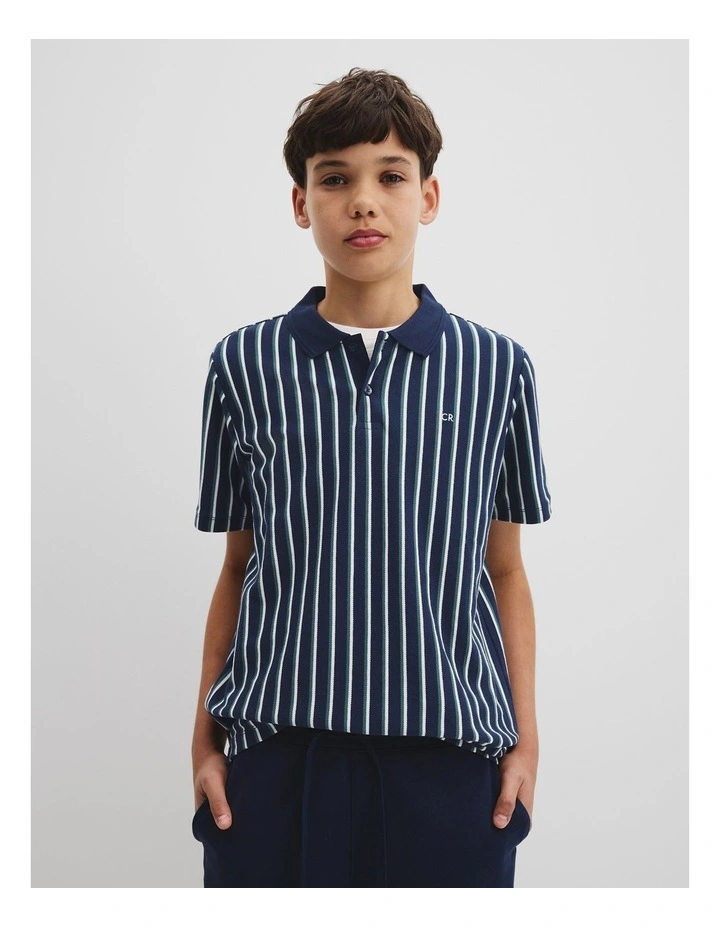 Teen Recycled Cotton Blend Vertical Stripe Polo in Navy image 2