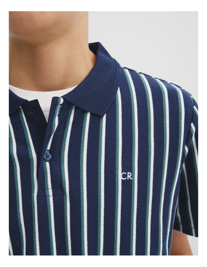 Teen Recycled Cotton Blend Vertical Stripe Polo in Navy image 3