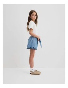 Organically Grown Cotton Denim Broderie Short in Mid Blue Denim