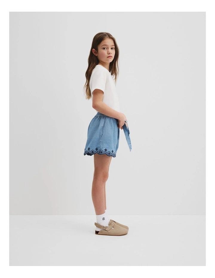 Organically Grown Cotton Denim Broderie Short in Mid Blue Denim image 1