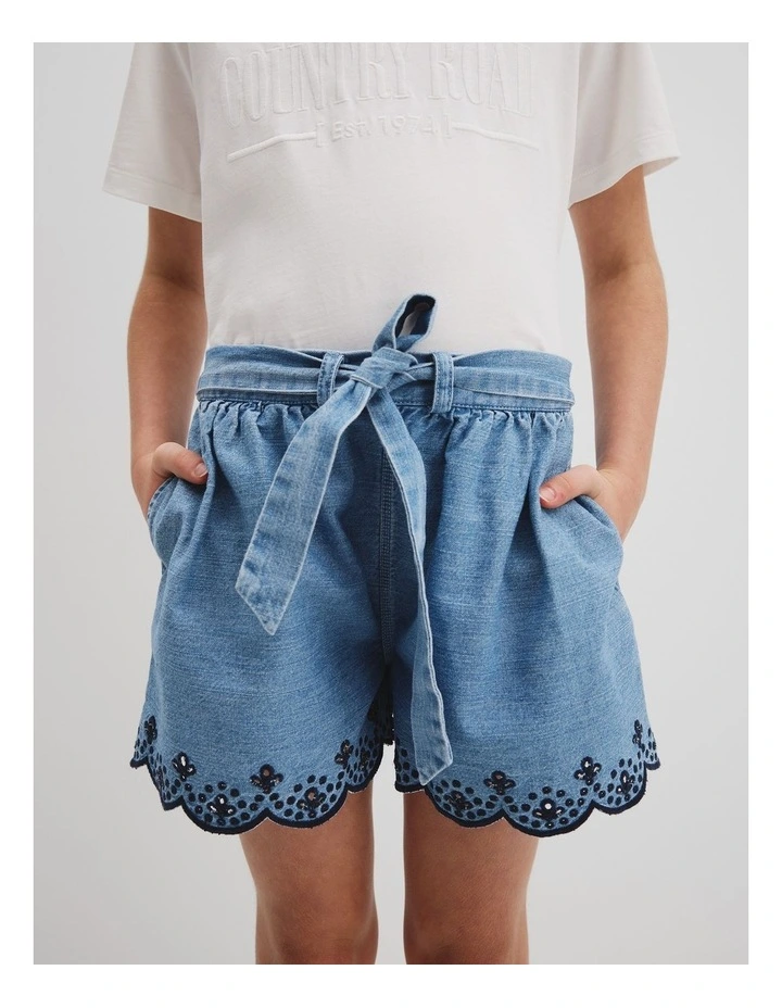Organically Grown Cotton Denim Broderie Short in Mid Blue Denim image 2