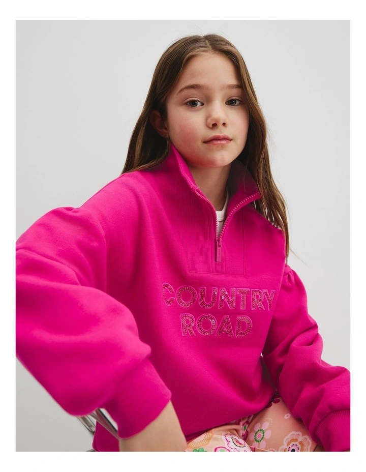 Australian Cotton Blend Sequin Half Zip Sweat in Raspberry image 2