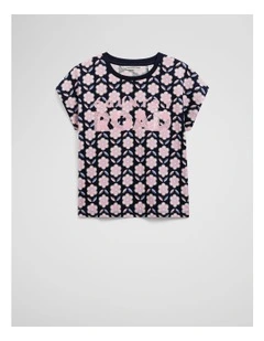 Organically Grown Cotton Sequin Logo T-shirt in Navy Floral Geo