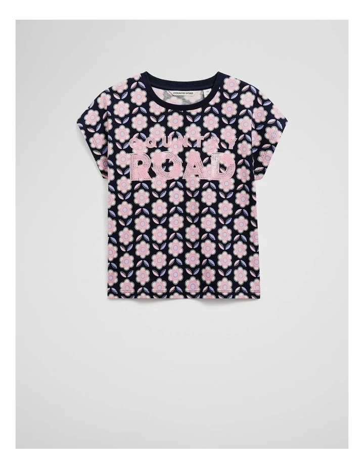 Organically Grown Cotton Sequin Logo T-shirt in Navy Floral Geo image 1