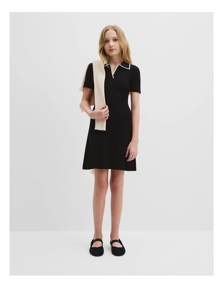 Knit Polo Mini Dress in Black image 1
