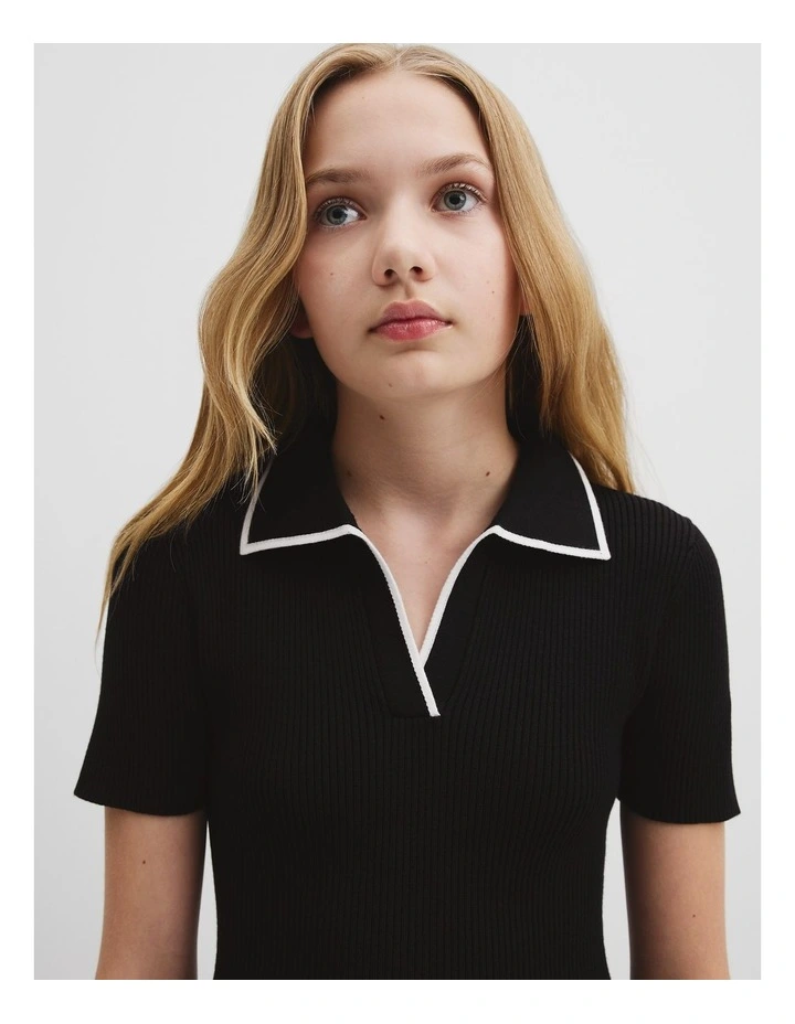 Knit Polo Mini Dress in Black image 4