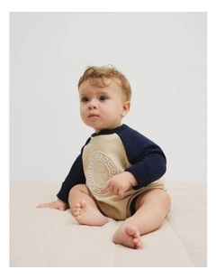 Organically Grown Circle Logo Sweat Bodysuit in Oat Multi