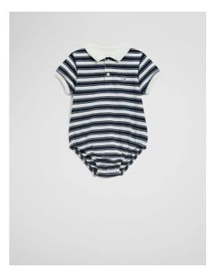 Organically Grown Cotton Stripe Polo Bodysuit in Navy
