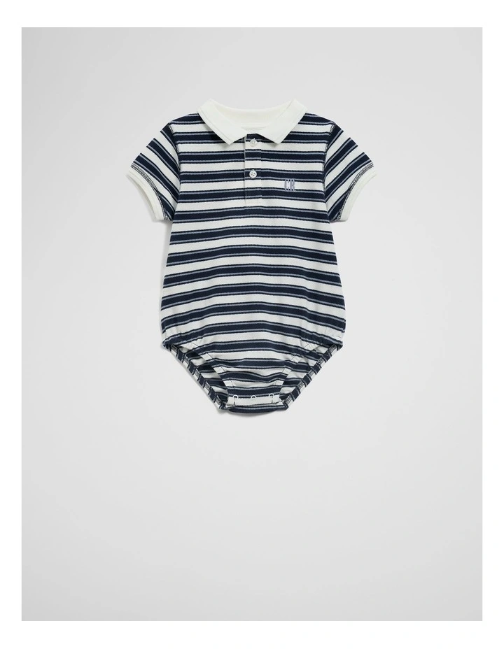 Organically Grown Cotton Stripe Polo Bodysuit in Navy image 1