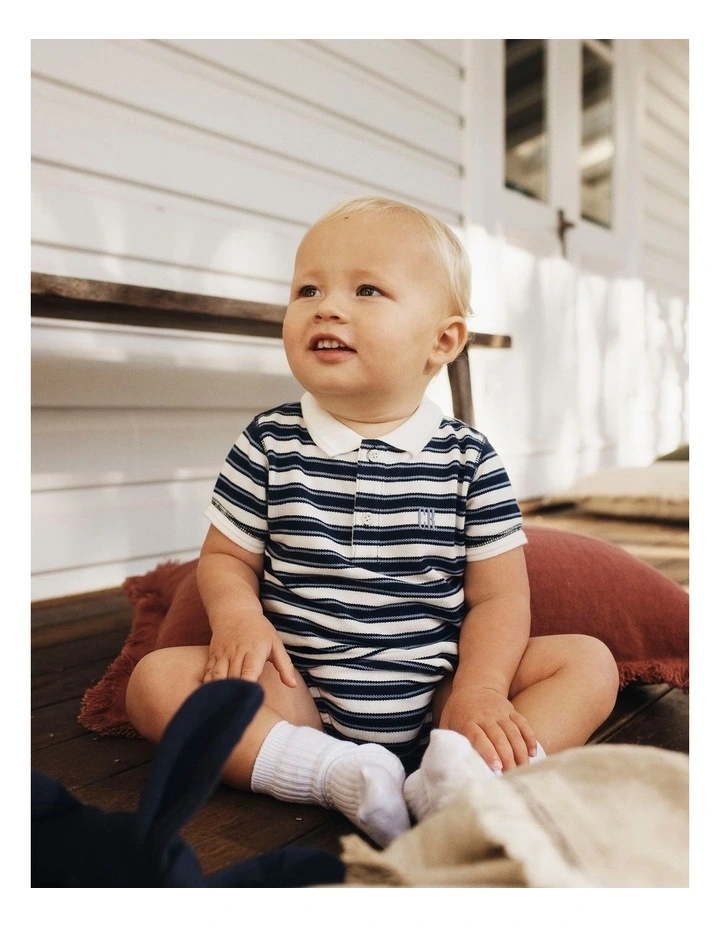 Organically Grown Cotton Stripe Polo Bodysuit in Navy image 2