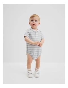 Organically Grown Cotton Stripe Polo Bodysuit in Soft Blue