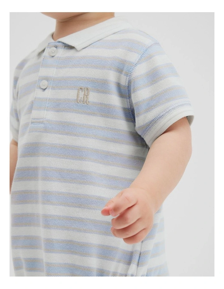 Organically Grown Cotton Stripe Polo Bodysuit in Soft Blue image 2