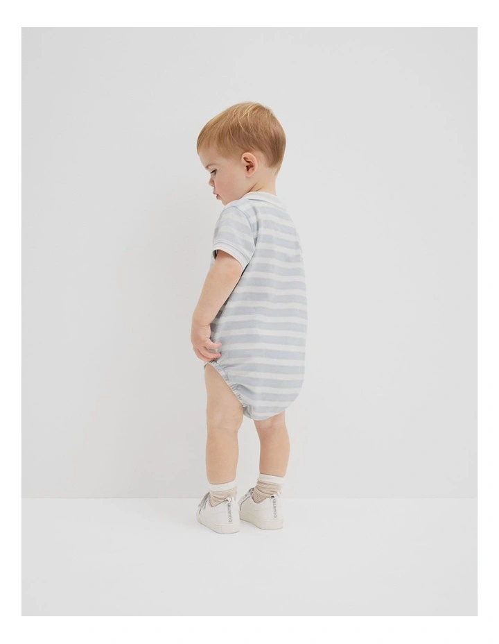Organically Grown Cotton Stripe Polo Bodysuit in Soft Blue image 3