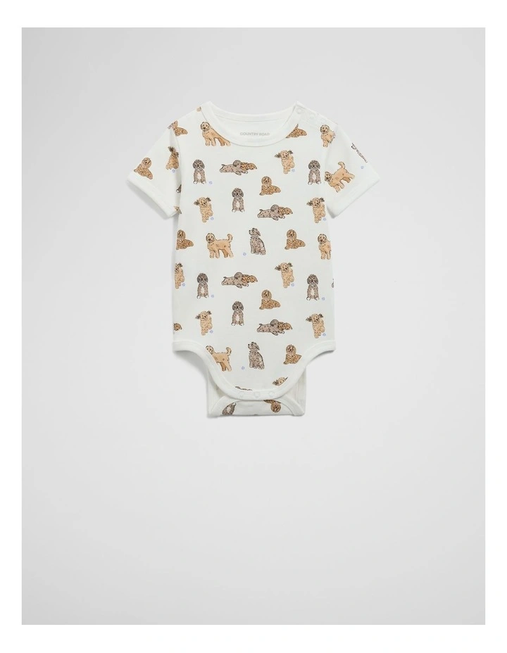 Organically Grown Cotton Dog Print Bodysuit in Marshmallow image 3