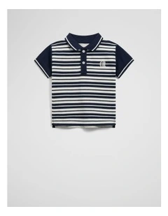 Organically Grown Cotton Logo Polo Shirt in Navy Stripe