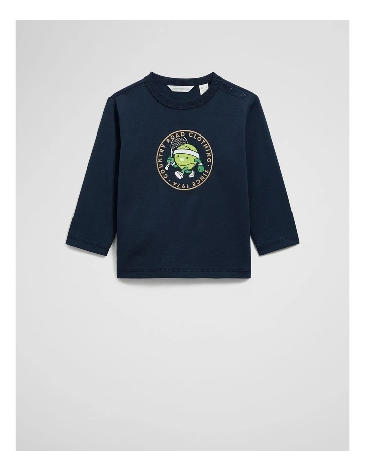 Organically Grown Cotton Long Sleeve Tennis Mascot T-shirt in Navy image 1