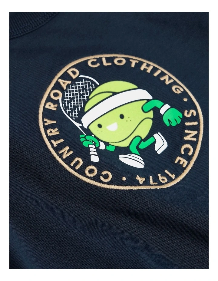 Organically Grown Cotton Long Sleeve Tennis Mascot T-shirt in Navy image 2