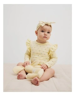 Organically Grown Cotton Frill Long Sleeve Logo Bodysuit in Lemon Ditsy