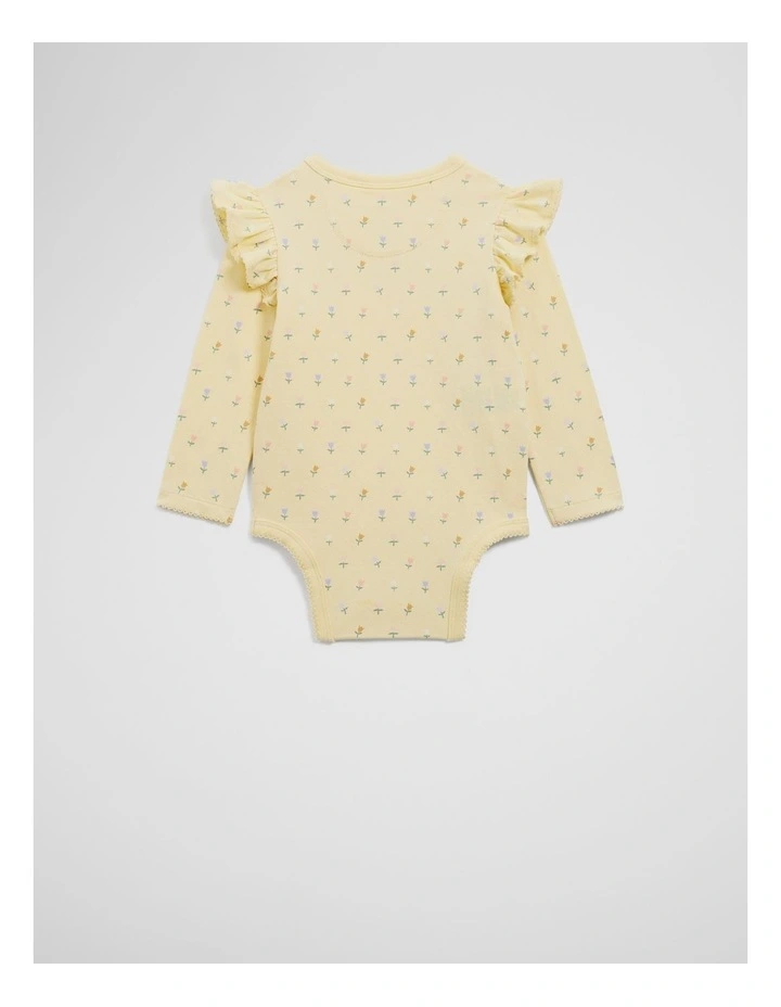 Organically Grown Cotton Frill Long Sleeve Logo Bodysuit in Lemon Ditsy image 4
