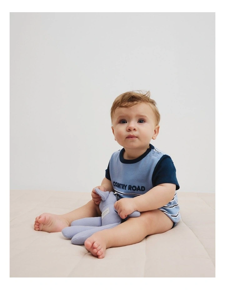 Organically Grown Cotton Stripe Logo T-shirt Bodysuit in Slate Blue image 1
