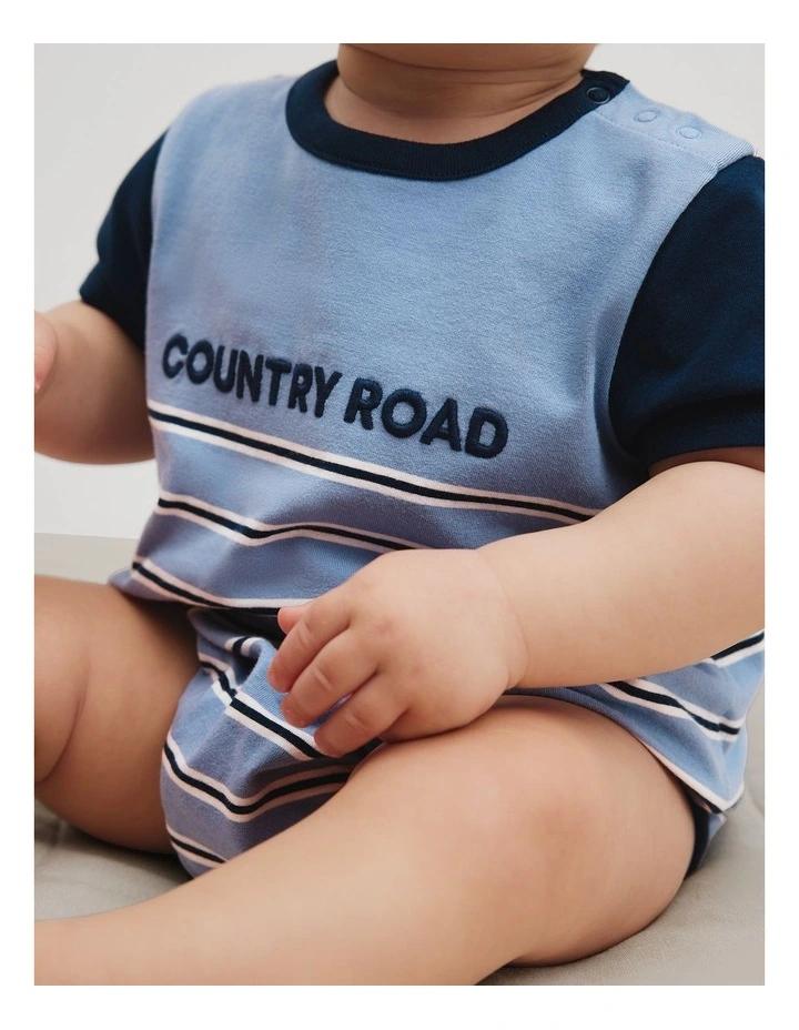 Organically Grown Cotton Stripe Logo T-shirt Bodysuit in Slate Blue image 2
