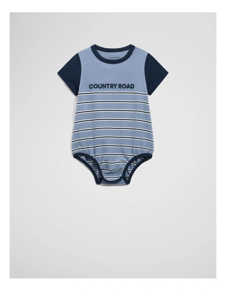 Organically Grown Cotton Stripe Logo T-shirt Bodysuit in Slate Blue image 3