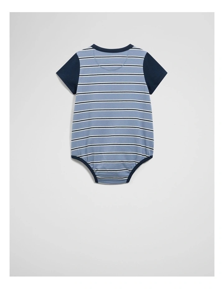 Organically Grown Cotton Stripe Logo T-shirt Bodysuit in Slate Blue image 4