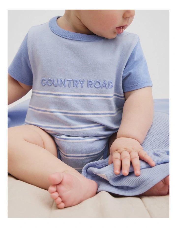 Organically Grown Cotton Stripe Logo T-shirt Bodysuit in Bluebell image 2