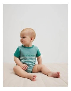 Organically Grown Cotton Stripe Logo T-shirt Bodysuit in Blue Gum