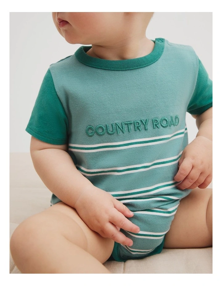 Organically Grown Cotton Stripe Logo T-shirt Bodysuit in Blue Gum image 2