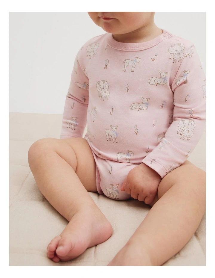 Organically Grown Cotton Lamb Print Long Sleeve Bodysuit in Mineral Pink image 2