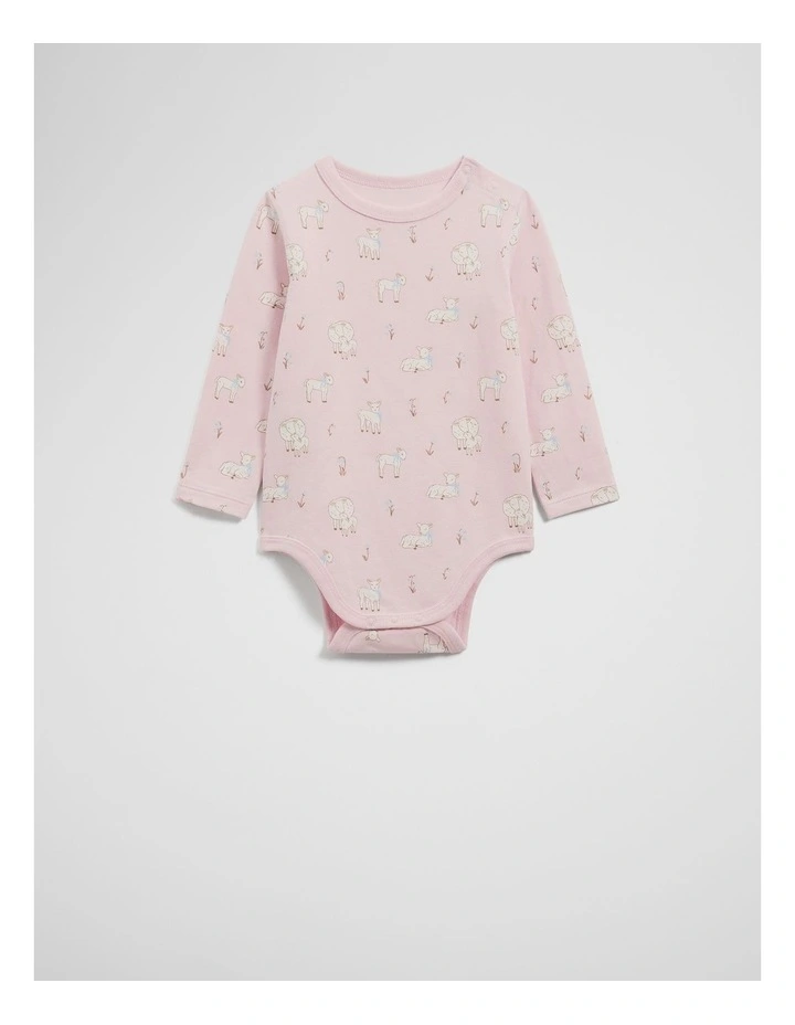 Organically Grown Cotton Lamb Print Long Sleeve Bodysuit in Mineral Pink image 3