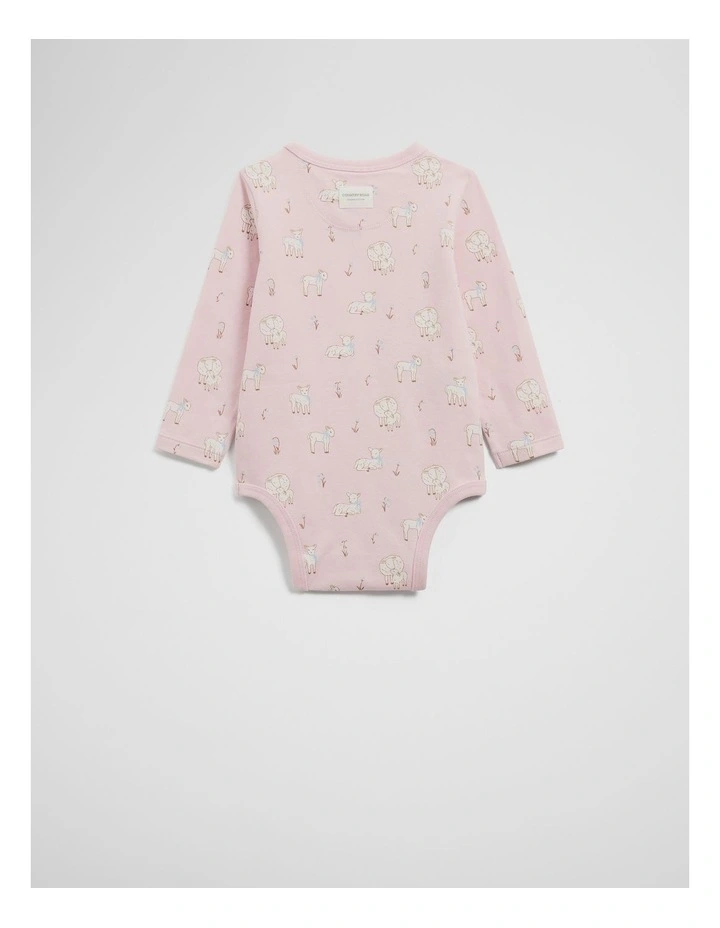 Organically Grown Cotton Lamb Print Long Sleeve Bodysuit in Mineral Pink image 4