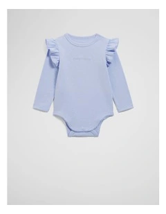 Frill Long Sleeve Logo Bodysuit in Bluebell Spot