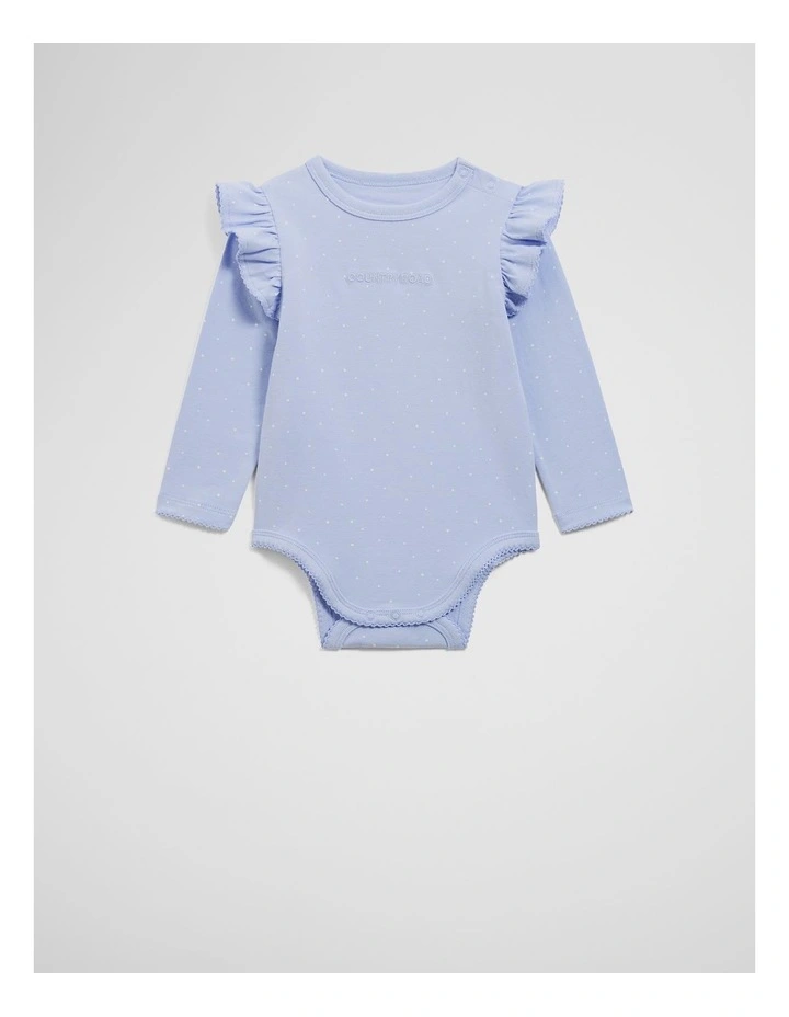 Frill Long Sleeve Logo Bodysuit in Bluebell Spot image 1
