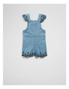 Organically Grown Cotton Denim Broderie Overall in Mid Blue Denim