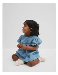 Organically Grown Cotton Blend Puff Sleeve Top in Chambray