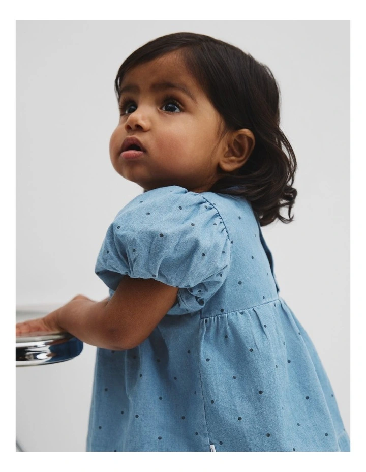 Organically Grown Cotton Blend Puff Sleeve Top in Chambray image 2
