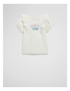Organically Grown Cotton Frill Sleeve T-shirt in Marshmallow