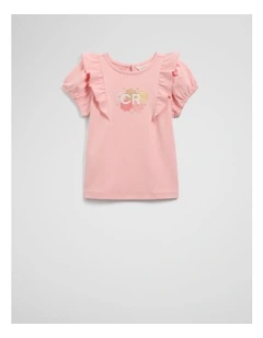 Organically Grown Cotton Frill Sleeve T-shirt in Mineral Pink