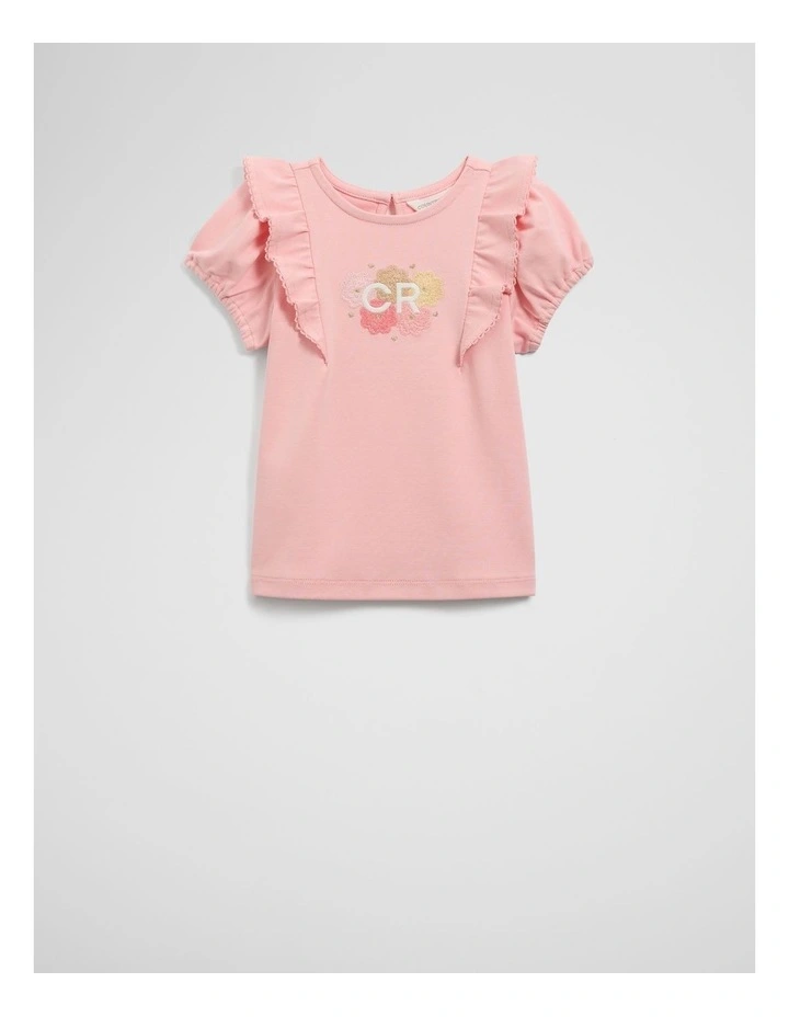 Organically Grown Cotton Frill Sleeve T-shirt in Mineral Pink image 1