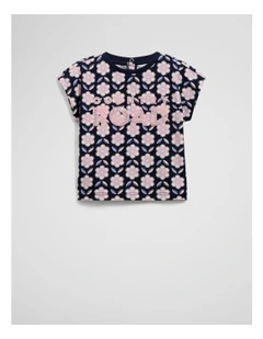 Organically Grown Cotton Sequin Logo T-shirt in Navy Floral Geo