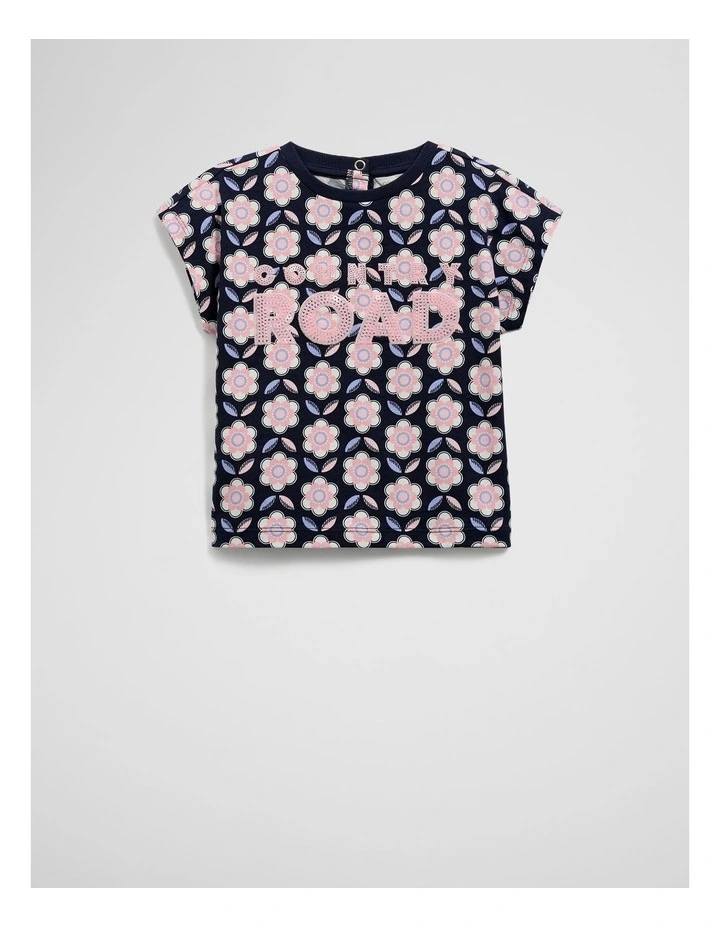 Organically Grown Cotton Sequin Logo T-shirt in Navy Floral Geo image 1