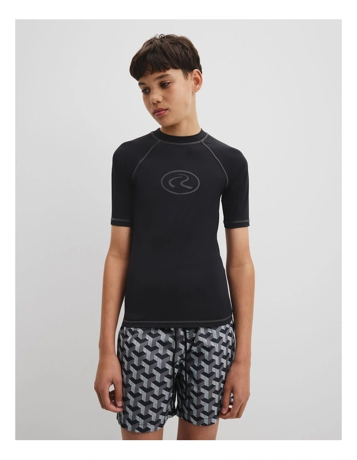 Teen Recycled Nylon Blend Short Sleeve Logo Rash Vest in Black image 2