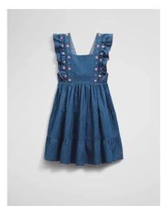 Organically Grown Cotton Chambray Frill Embroidered Dress in Chambray