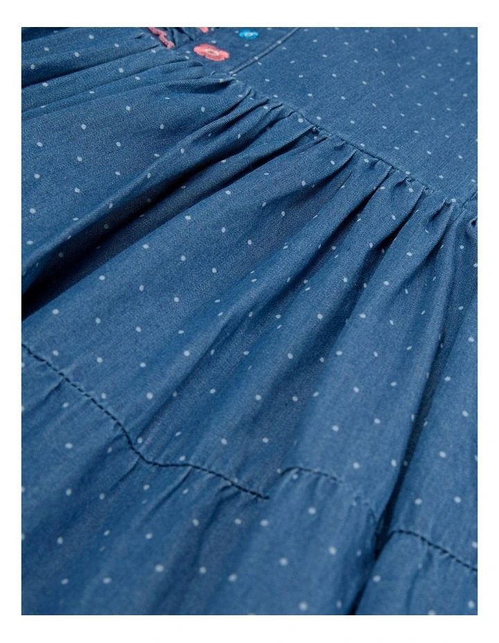 Organically Grown Cotton Chambray Frill Embroidered Dress in Chambray image 2