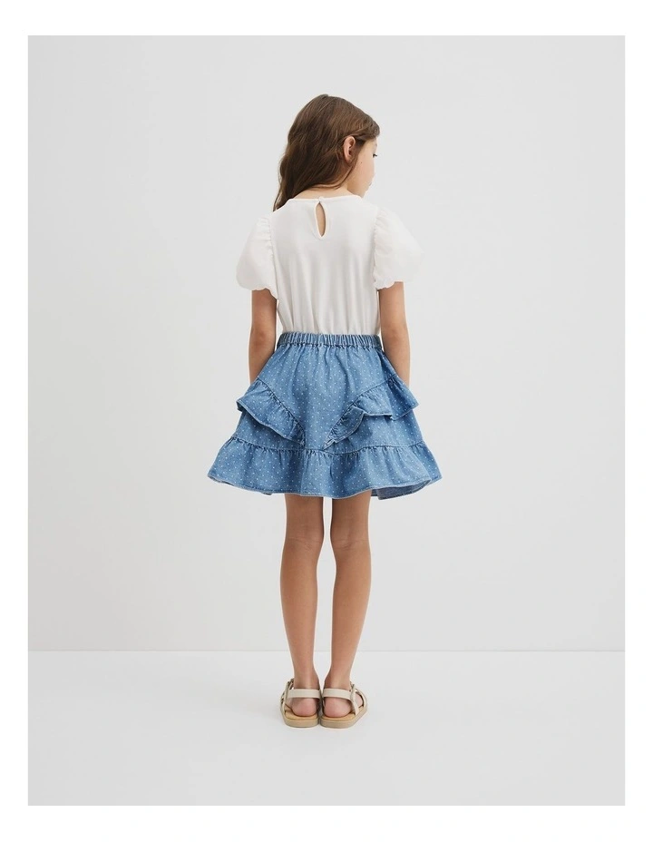 Organically Grown Cotton Frill Detail Mini Skirt in Chambray image 3