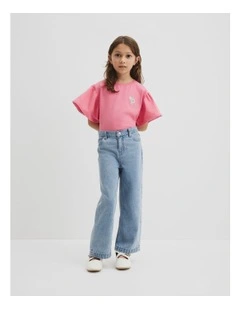 Organically Grown Cotton Relaxed Frill T-shirt in Rouge Pink