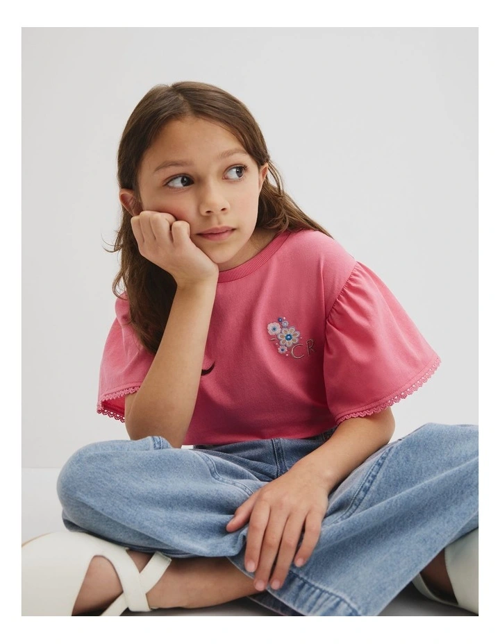 Organically Grown Cotton Relaxed Frill T-shirt in Rouge Pink image 2
