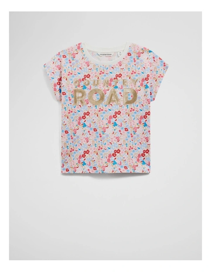 Organically Grown Cotton Sequin Logo T-shirt in Multi Floral image 1